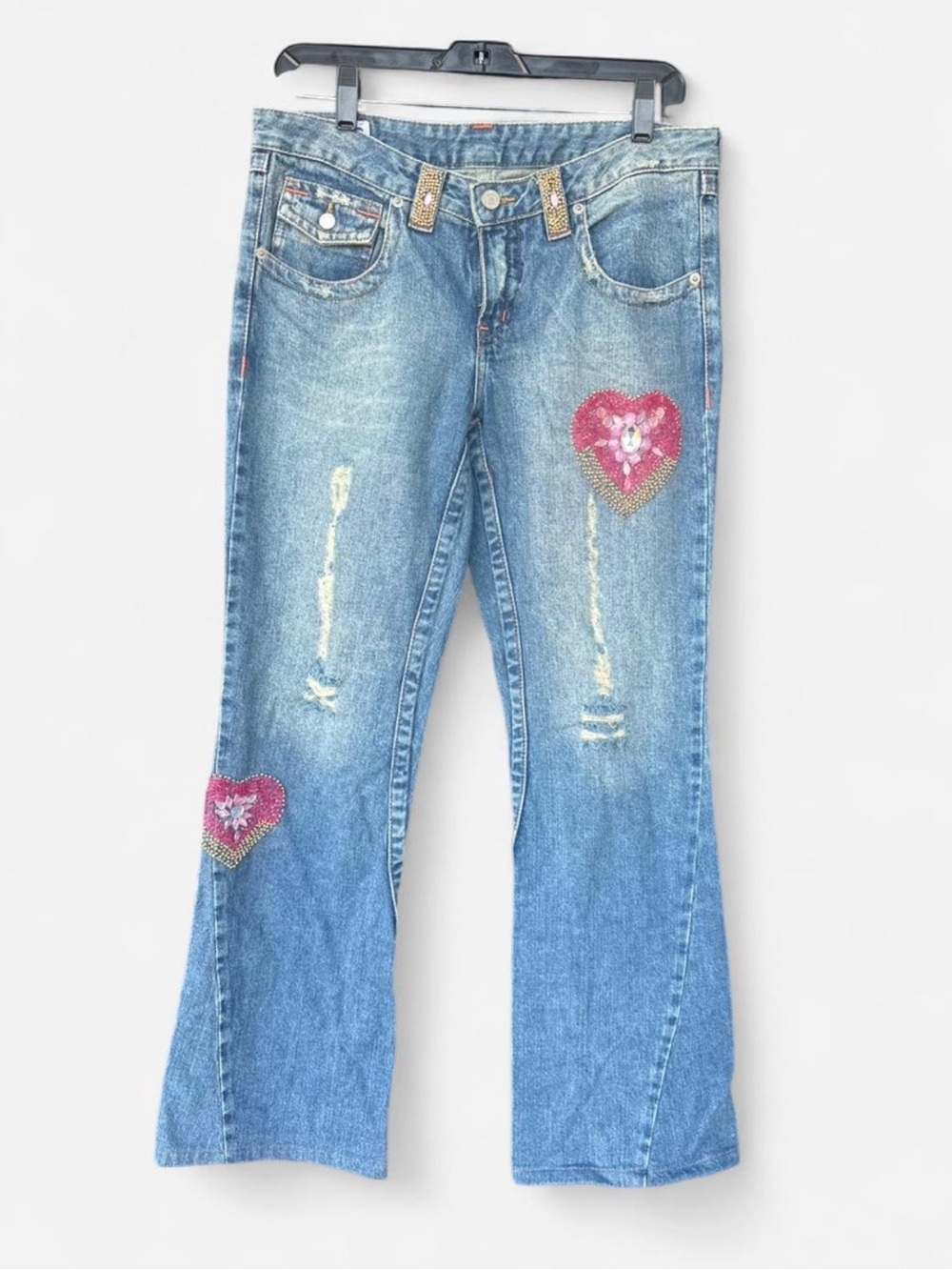 Y2K style Bolufe Embellished Blue Women's Flared Jeans with Heart Patches